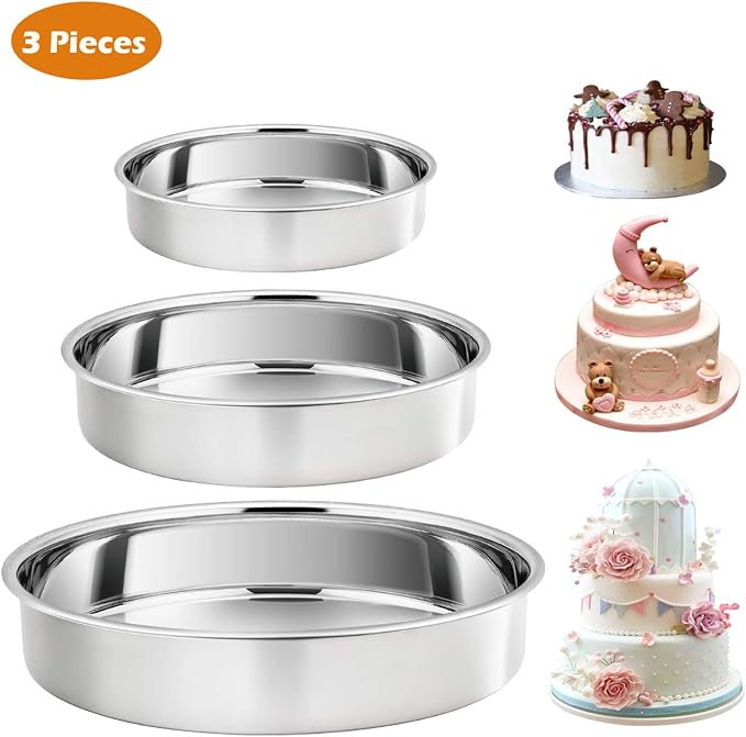 P&P CHEF Cake Pan Set of 3, 8" + 9.5" + 11" Round Baking Layer Cake Pan Tin | Stainless Steel & Mirror Finish, Bakeware for Birthday Weeding Anniversary, Heavy Duty & Non Toxic, Oven & Dishwasher Safe - Image 3