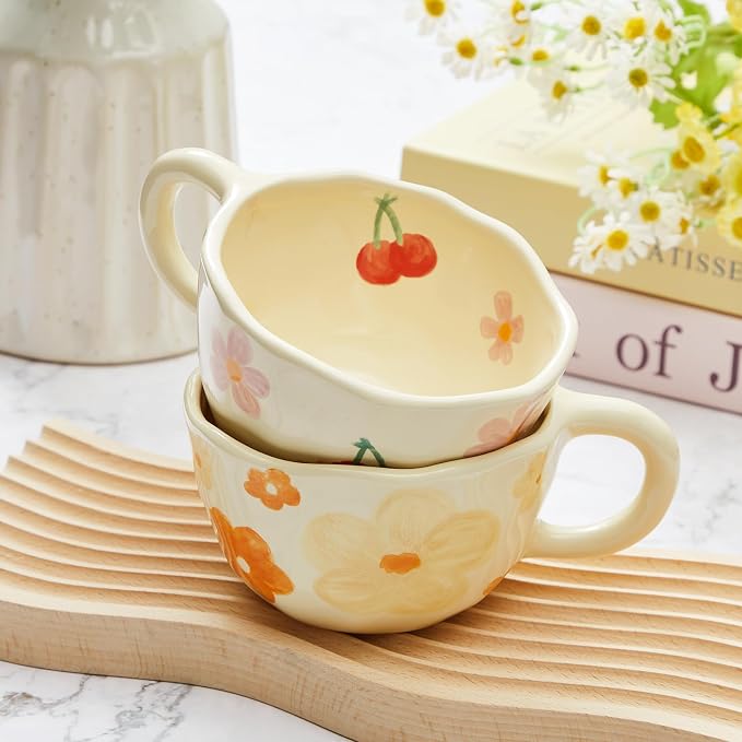 Vesici 2 Pcs Ceramic Coffee Mugs with Spoon, Vintage Floral Spring Mugs with Handle, 8.5 oz Aesthetic Flower Porcelain Tea Cup Set, Dishwasher & Microwave Safe Mothers Day Gifts for Mom(Fresh) - Image 6