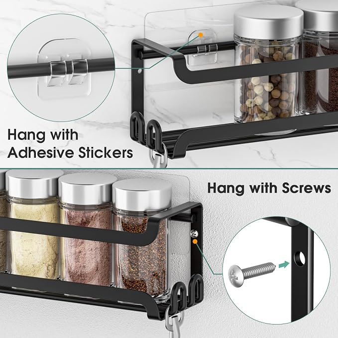 LUCYCAZ 2 Pack Wall Mounted Spice Rack for Spice Jars & Seasonings (Black) | 8 Metal Hooks, Space-Saving,Screw or Adhesive Spice Shelf Hanging,for Kitchen Cabinet,Pantry Door,RV,Camper Spice Orgnaizer - Image 6