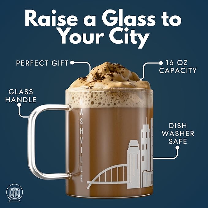 Greenline Goods – Nashville, TN Skyline Glass Coffee Mugs (Set of 2), 15 oz – Etched Wrap Design