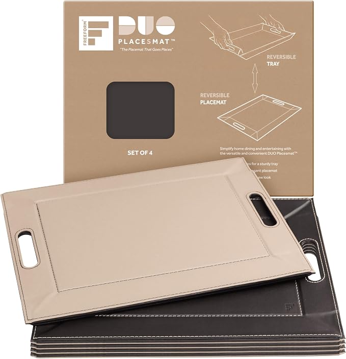 2-in-1 Serving Tray & Placemat | Faux Leather & Reversible | Lays Flat as a Placemat or Folds into an Ottoman Food Tray, Easy to Clean by FREEFORM