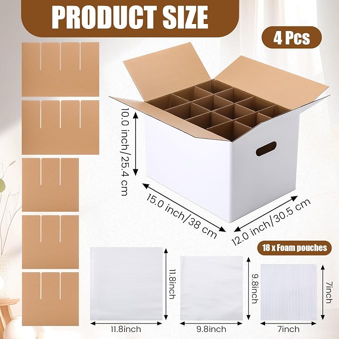 MotiMind 4 Sets Wine Glass Moving Boxes with Divider Kitchen Moving Boxes 15 x 12 x 10 Inches Glassware Packing Box with 18 Foam Pouches for Glasses Packing Supplies - Image 2