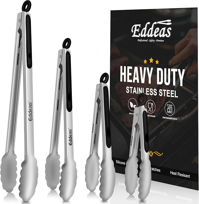 EDDEAS Grill Tongs - BBQ Tongs Heat Resistant 600 Degrees, Heavy Duty Metal, Perfect for Cooking, Grilling, Set of 4, 7",9",12" & 14 inch Black by Eddeas