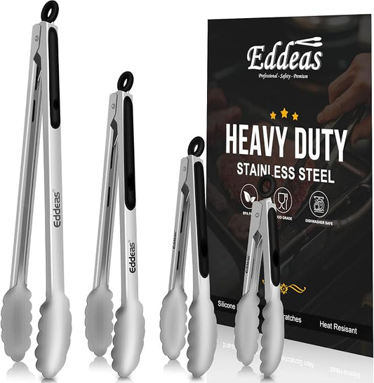EDDEAS Grill Tongs - BBQ Tongs Heat Resistant 600 Degrees, Heavy Duty Metal, Perfect for Cooking, Grilling, Set of 4, 7",9",12" & 14 inch Black by Eddeas