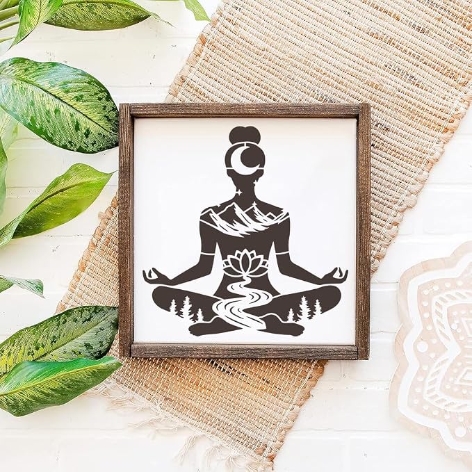 FINGERINSPIRE Yoga Stencil with Paint Brush 11.8x11.8inch Reusable Yoga Pose Stencil Mountains Lotus Flowers Woods Pattern Template Yoga with Natural Scenery Template for Painting on Wood Wall - Image 4