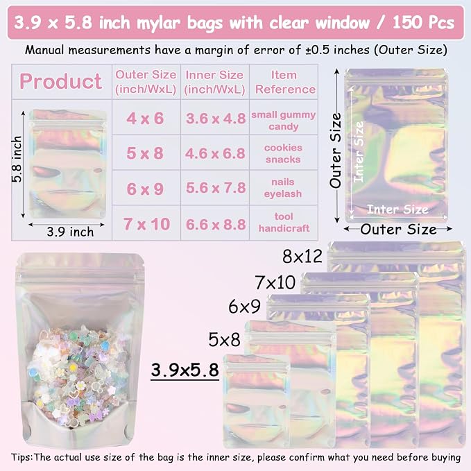 150 Pcs Mylar Bags for Food Storage, 4x6 Mylar Bag with Window Stand Up, Small Holographic Resealable Bags Smell Proof Bag Food Packaging for Small Business Freeze Dried Candy Jewelry Foil Packaging - Image 5
