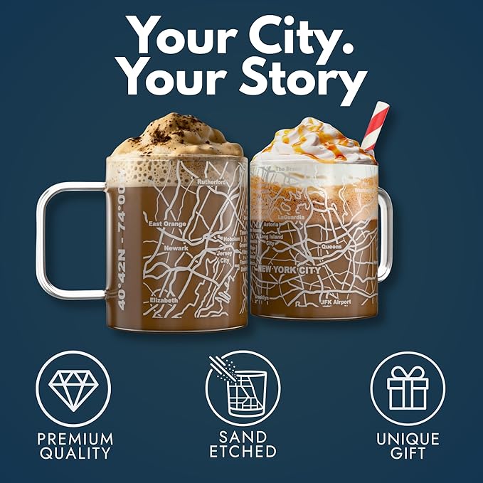 Greenline Goods – New York City, NY Map Glass Coffee Mugs (Set of 2), 16 oz – Etched Wrap Design