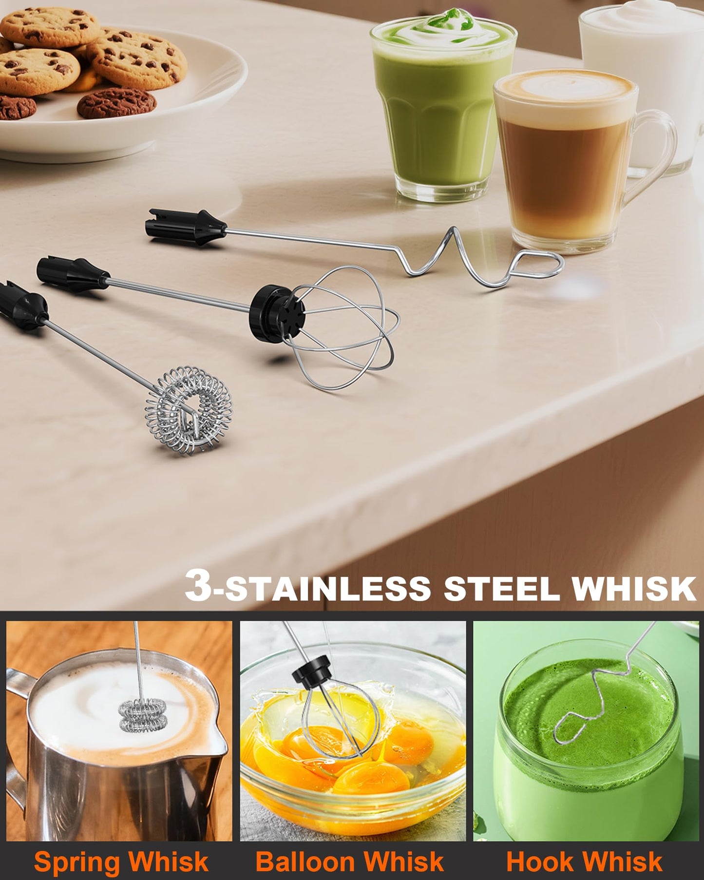 Rechargeable 3-Speed Milk Frother Wand (Black)
