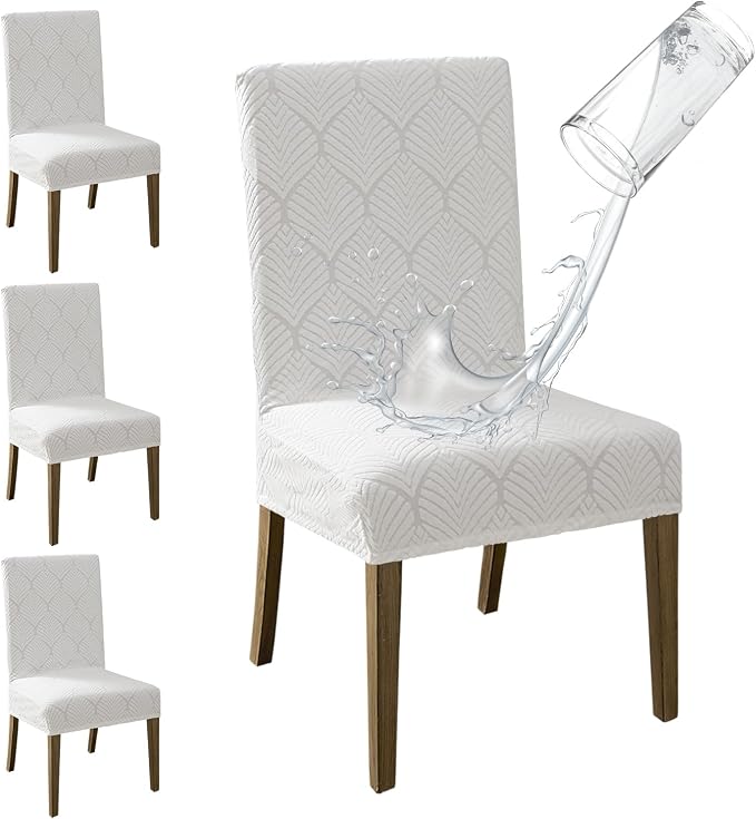 MOSAYT 100% Waterproof Dining Room Chair Covers Set of 4, Super Fit Stretch Jacquard Parson Chairs Slipcovers Removable Washable Chair Seat Protectors for Home, Kitchen, Banquet (White) by MOSAYT