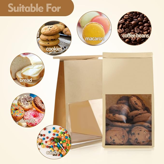 50pcs Bakery Bags with Window, 5.1x4.3x11 Inches Cookie Bags for Packaging, Brown Kraft Paper Tin Tie Tab Lock Bag for Bun, Candy, Nuts, Coffee Bean, Cookie for Gift Giving - Image 3