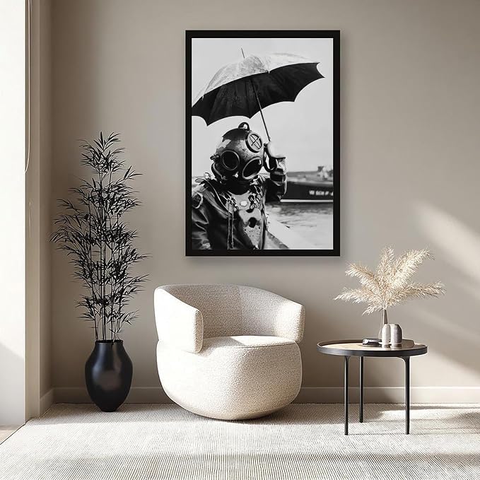 UXCBIA Deep Sea Diver Holding Umbrella, 1940s Paris, Black And White Vintage Photo, Lake House Poster Canvas Poster Bedroom Decor Sports Landscape Office Room Decor Gift Black Frame 24x36in(60x90cm) - Image 8