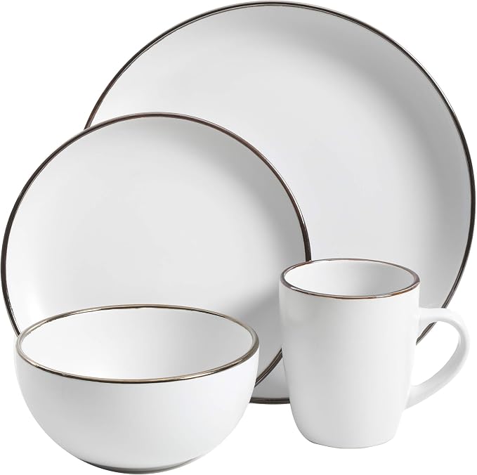 Gibson Home Rockaway Round Stoneware Dinnerware Set, Service for 4 (16pcs), Matte White/Metallic Rim - Image 2