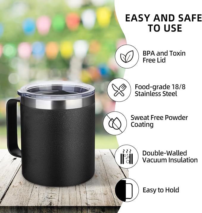 Volhoply 14oz Insulated Stainless Steel Coffee Mug with Leakproof Lid,Double Wall Vacuum Travel Coffee Cup with Handle,Reusable Metal Cups Tumbler,Camping Mugs Keep Hot/Cold,Gifts(Black,1) - Image 4