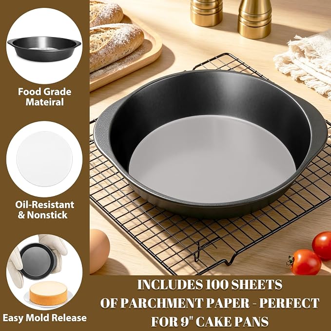 9 Inch Cake Pan Set, 3-Piece Carbon Steel Round Cake Pans with 100 Pre-Cut Parchment Paper Rounds, Nonstick Baking Pans for Layer Cakes, Pizza and Desserts - Image 4