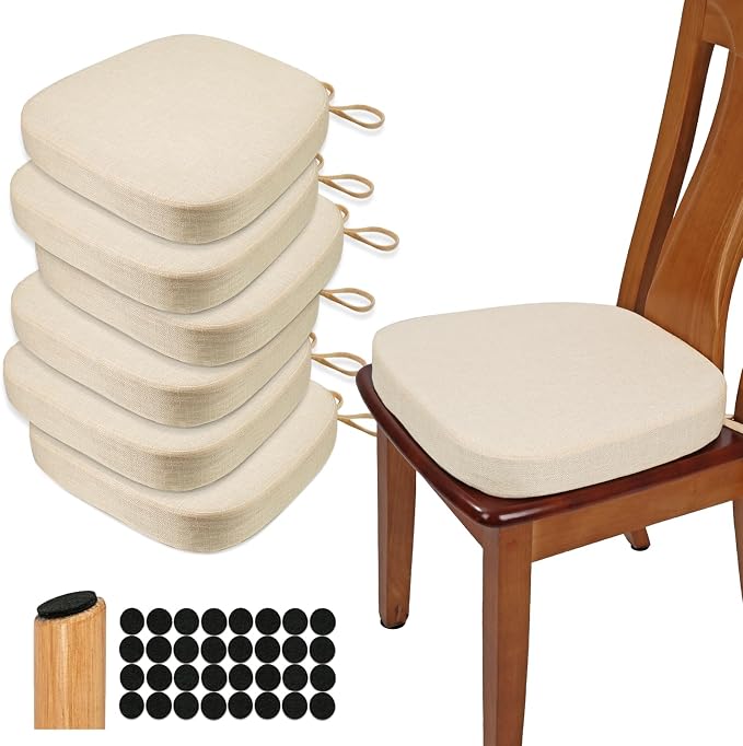 BUYUE Thickened 2.5" Dining Chair Cushions Set of 6, U-Shape High Density Foam Comfortable Chair Pads for Kitchen, Slip Resistant Indoor Seat Cushions (6 PCS, Beige) by BUYUE