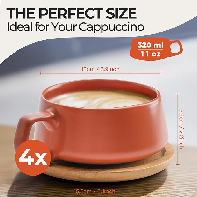 MIAMIO - Cappuccino Cup Set of 4, Ceramic (11oz) - Luxe (Beige Pastel) | Ceramic cappuccino cups and saucers, wide latte cups and mugs for Americano, 4-piece set of ceramic cups, dishwasher safe - Image 6