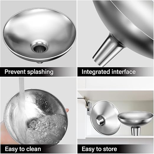 Stainless Steel Funnel, 2 Large and Small Mouth Filling Kitchen funnels, Liquids, fluids, Spices and Powders, Durable and Washable.