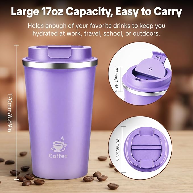 17oz Travel Coffee Mug ,Leakproof Vacuum Coffee Cup Insulated Tumbler | 304 Stainless Steel, Double-Wall Vacuum Insulated, Leakproof, Fits Hot & Cold Drinks Car Cup Holders, Travel, Office - Image 2