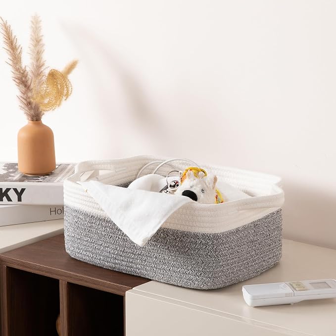 OIAHOMY 3 Pack Storage Baskets for Organizing, Woven Cotton Rope Basket for Shelves, Closet Organizer Bins with Handles, Rectangle Toy Organization, 13.78''×9.84''×5.5'', Grey & White - Image 6