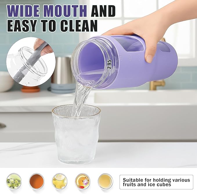 32oz Glass Tumbler with Straw Handle and 2-IN-1 Sip & Spout Lid, Reusable Iced Coffee Cup for Smoothie, Matcha, Leakproof Glass Water Bottle with Straw and Silicone Sleeve, BPA Free-Purple