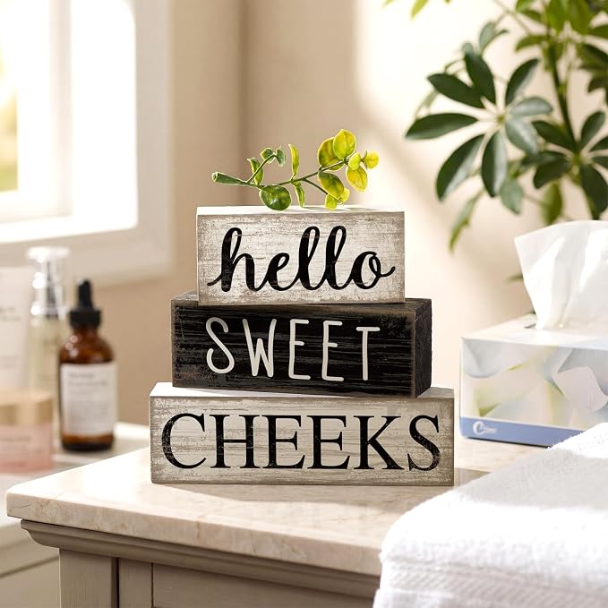 Moucuny 4 Pcs Bathroom Shelf Decor Hello Sweet Cheeks Sign Farmhouse Bathroom Decor and Accessories Rustic Eucalyptus Leaves Wood Block Sign Gift Sweet Home Table Centerpiece for Home Office - Image 3
