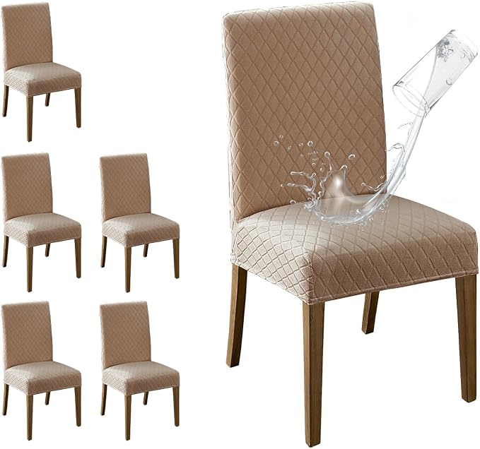MOSAYT 100% Waterproof Dining Room Chair Covers Set of 6, Super Fit Stretch Jacquard Parson Chairs Slipcovers Removable Washable Chair Seat Protectors for Home, Kitchen, Banquet (Khaki - XL) by MOSAYT