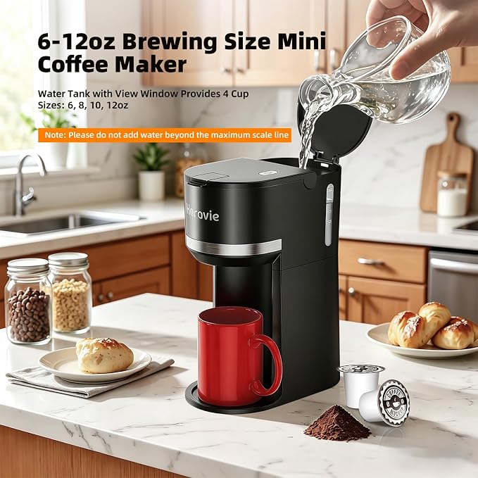 Horavie Small Single Serve Coffee Maker for K Cup and Grounds, Fast Brew One Cup Coffee Machine with One Button, 6 to 12 oz. Brew Sizes, Perfect for Home and Travel, Black - Image 6