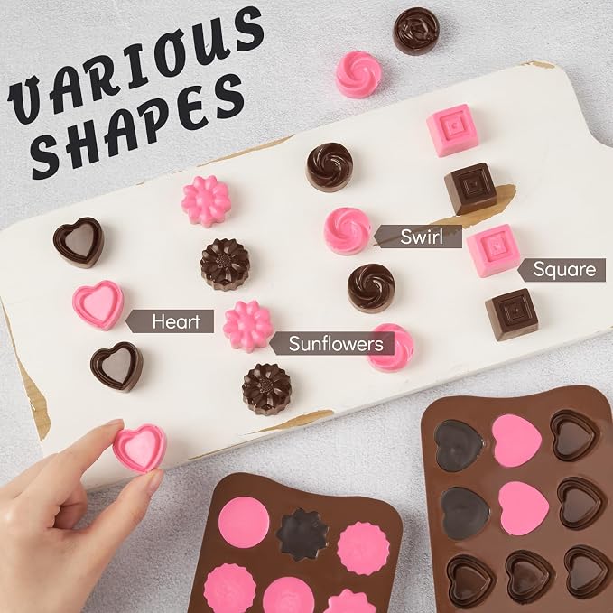 Puyeipt Mini Silicone Chocolate Molds, 2 Pack, 60 Cavities | Non-Stick Candy Molds, Bite Size Chocolates, Candies, Truffles, Gummies, Jelly, Heart, Sunflower, Rose, Square, Swirl Shaped - Image 5
