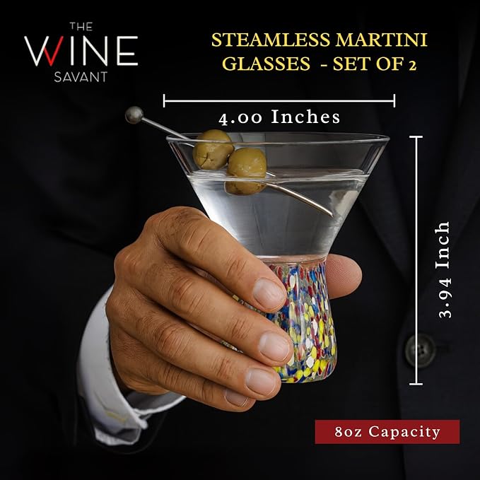 Large Stemless Martini Glasses – Set of 2-8oz Luxury Hand Blown Confetti Margarita, Martinis, Cocktails, Water, Wine, Dessert & Champagne Glasses Cinco de Mayo, Hand Blown - Mexican Confetti Glass - Image 2
