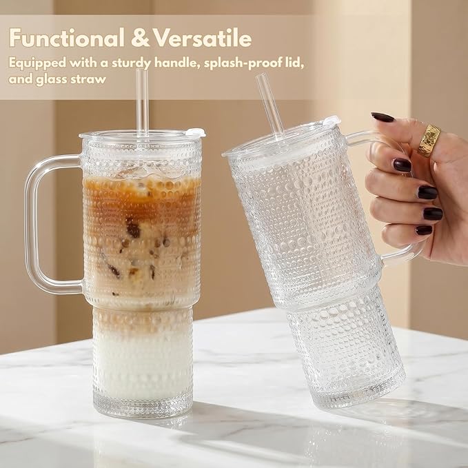 20 oz Glass Tumbler with Lid and Straw, Glass Iced Coffee Cups, Spill-proof Glasses Tumbler with Handle, Glasses Drinking Set of 2, Vintage Glassware for Cocktail, Juice, Smoothies - Image 2