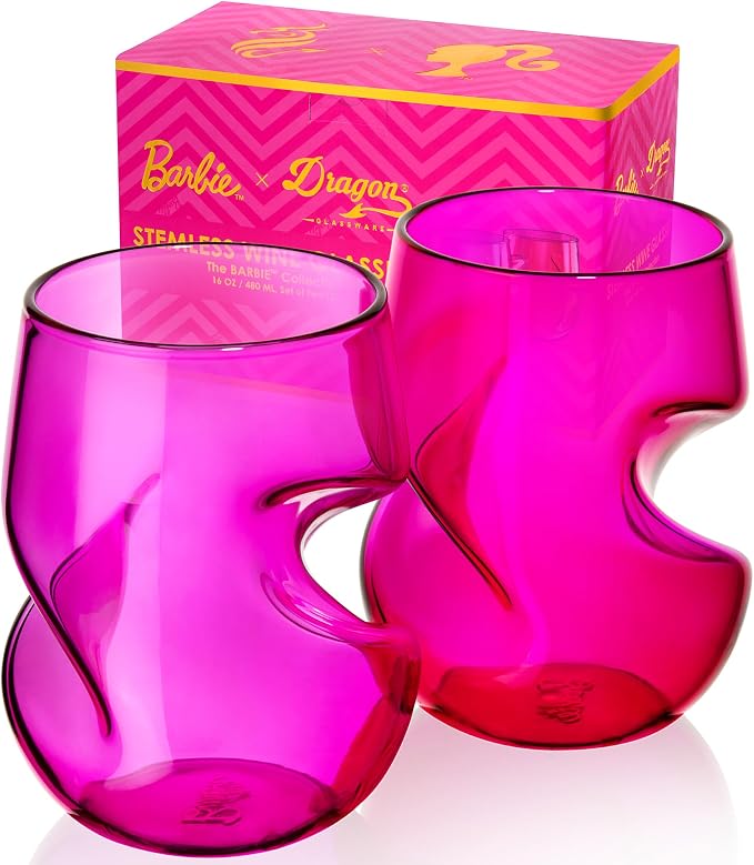 Dragon Glassware x Barbie Stemless Wine Glasses, 16 oz Set of 2 | Pink & Magenta Wine Glasses; Stemless Design with Finger Indentations; Aerates Naturally; Official Barbie Merch by DragonGlassware