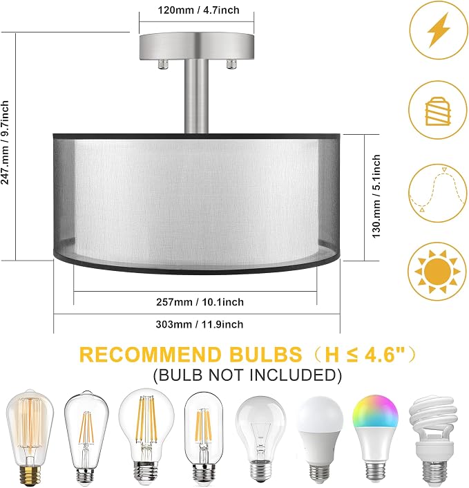 FOLKSMATE Semi Flush Mount Ceiling Light Fixture, 3-Light Drum Light with Double Fabric Shade, Modern Black Close to Ceiling Lighting for Living Room, Bedroom, Dining Room, Kitchen, Hallway, Entry - Image 2