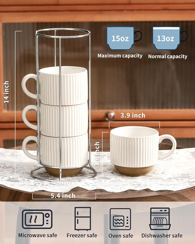 Ceramic Coffee Mugs with Stand,15 Oz Stackable Coffee Cups Set of 4 for Latte,Milk,Tea,Gift for Thanksgiving New Year Housewarming,Dishwasher & Microwave Safe,White Patchwork Color - Image 3