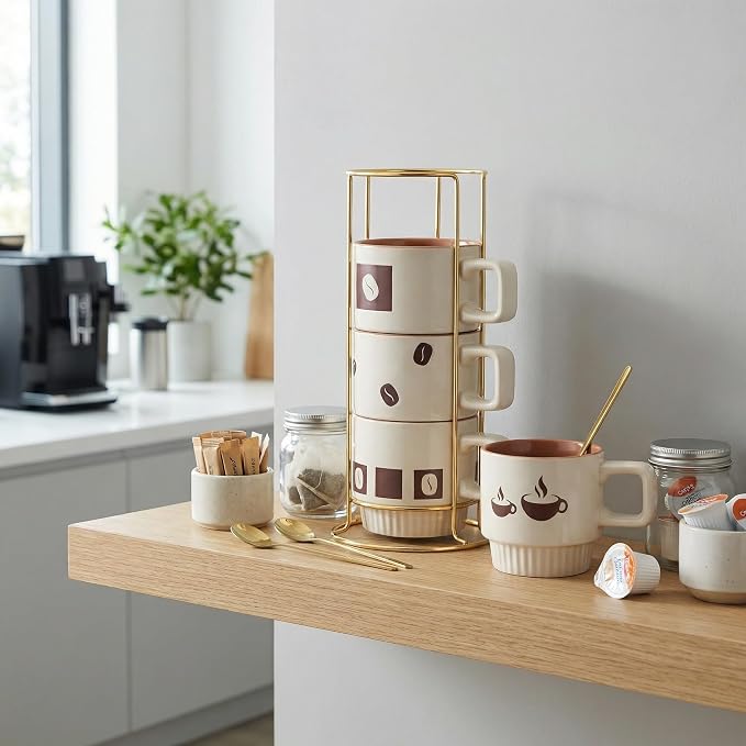 Stackable Coffee Mug Sets of 4 with Rack Tea Cup Set with Spoon 11oz for Coffee, Tea, Cocoa, Cappuccino, Hot Chocolate Ceramic Espresso Cups with Coffee Cup Holder, theme of Trendy - Image 6