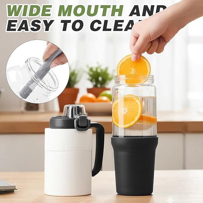 32 oz Glass Tumbler with Handle, 2-in-1 Straw and Sip Spout, Leakproof, BPA-Free Glass Water Bottle for Sports, Office, School, Black