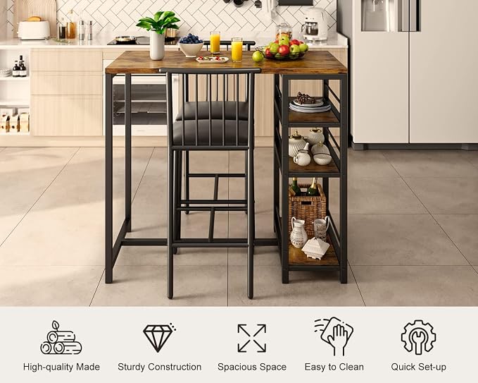 Gizoon 3-Piece Bar Dining Table Set for 2, Kitchen Table w/Shelves Retro | Space-saving retro bar height table set with 3 storage shelves. Includes 2 high-density PU cushion chairs that tuck away. - Image 7