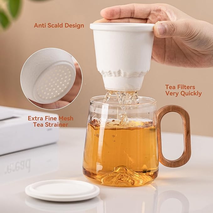 Tea Cup with Infuser and Lid 15oz - Mountain Design Tea Infuser Mug, Loose Leaf Tea Gift Set with Wood Handle, Anniversary Birthday Gift for Nature Lovers