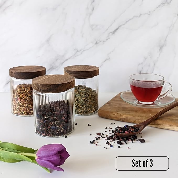 Mason & Fable Ribbed Glass Jar with Wooden Lid 17oz, Set of 3 | Airtight Fluted Storage Canisters for Food, Tea, Coffee, Candy/Spice | Organization Canisters for Home & Kitchen - Image 2