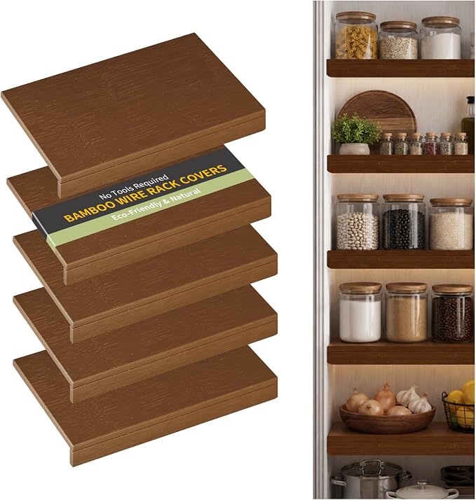 Wire Shelf Covers, Bamboo Wire Rack Covers for Pantry, Closet，Kitchen (5pcs, 24" W x 16" D, Walnut) by ClimbHope