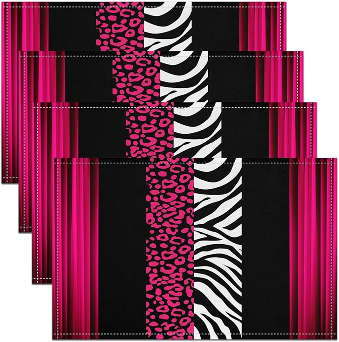Feelyou Kids Leopard Zebra Placemats Set of 4 18"x12" Ombre Hot Pink Black Table Place Mats, Set for Decor Cheetah Placemat for Kitchen Dining Table Decor Indoor Outdoor Animal Print by Feelyou