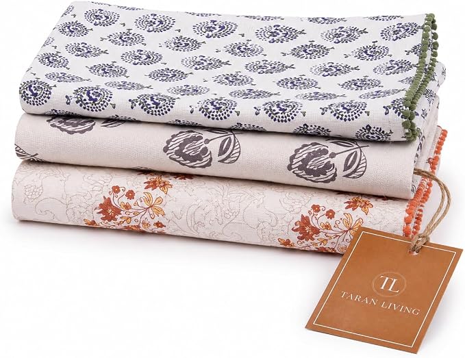 Printed Kitchen Dish Bar and Tea Towels Cotton, 18x28 inch with Trims, Cotton Dish Towel Sets (Multicolor Motif, Set of 3) by TARANLIVING