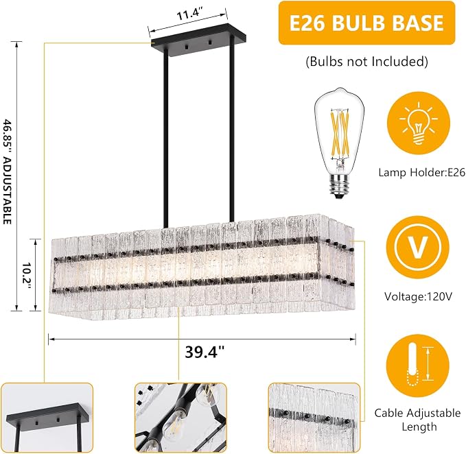 Modern Black Rectangle Water Ripple Glass Chandelier 6 Lights for Dining Room Kitchen Island Bar Living Room UL Listed L39.4 in - Image 4