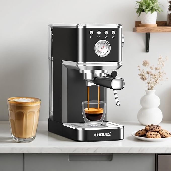 CHULUX Slim Espresso Machine with Milk Frother Steam Wand, 20 Bar Professional Italian Pump Espresso Coffee Machine for Home Cappuccino & Latte Maker, Black Stainless Steel