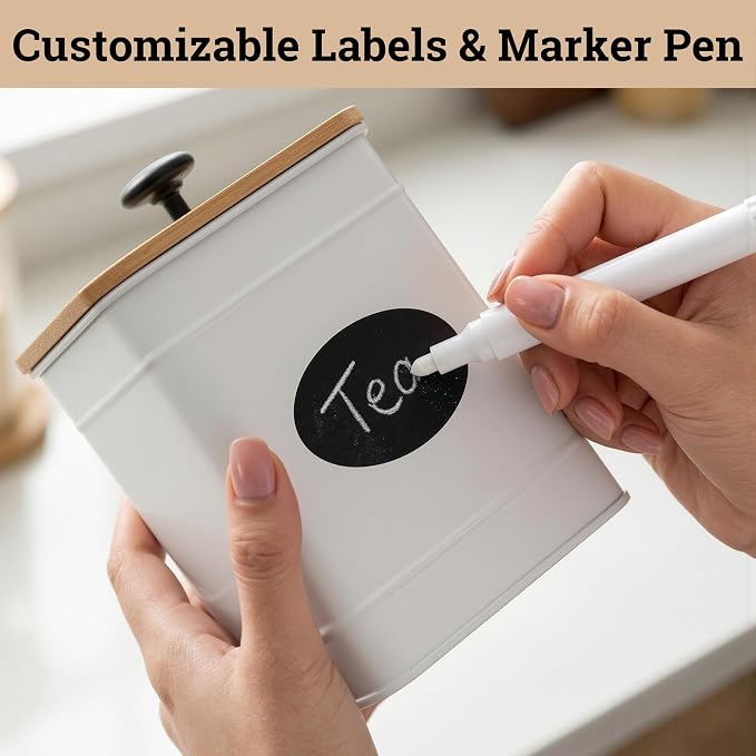 Kitchen Canisters for Countertop Set of 4 w/ Chalkboard Labels & Marker Pen | Airtight Easy Open Bamboo Lids, Dent-Resistant Thick Metal, Customizable Chalkboard Labels, Marker Pen Included, Set of 4 - Image 5