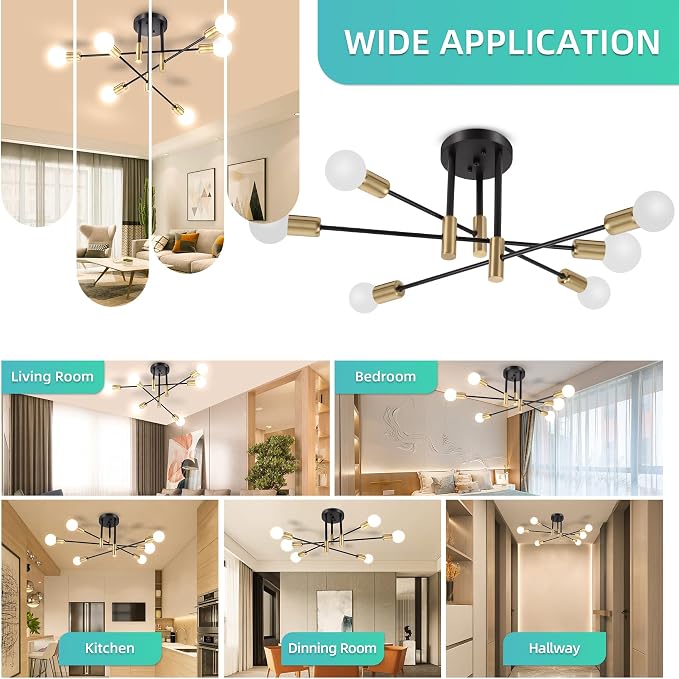 CANMEIJIA Sputnik Chandelier Modern Ceiling Light Fixture with 6 Lights Black Gold Mid Century Mount Ceiling Lights Fixture for Bedroom, Dining Room, Living Room, Kitchen, E26 Base, Bulbs Not Included - Image 6