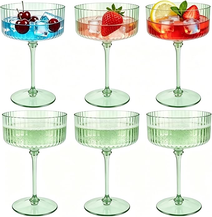 PLULON 6 Pcs Sage Green Coupe Martini Glasses Cocktail Champagne Cup 10 Oz | Ribbed Plastic Martini Espresso Glasses for Bar Drinking Gifts Wedding Birthday Party, Detachable Margarita Cup Glassware by PLULON