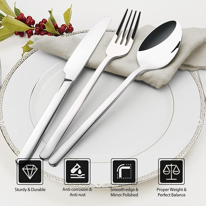 KINGSTONE 30 Pieces Silverware Set, Flatware Cutlery Set for 6, 18/10 Stainless Steel Silverware Utensils Minimalist Design Dishwasher Safe - Image 3