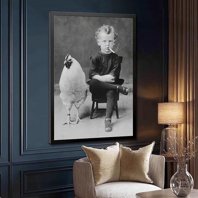 UXCBIA Smoking Boy And Chicken, Black And White, Vintage Oddities Poster Canvas Poster Wall Art Decor Print Picture Paintings for Living Room Bedroom Decoration Black Frame 12x18in(30x45cm) - Image 3