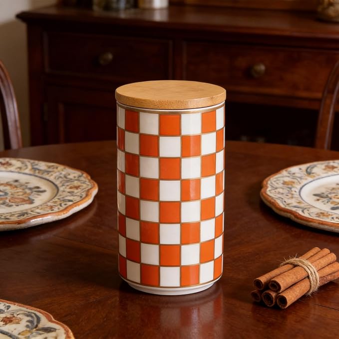 Kitchen Countertop Ceramic Checkered Canisters,Black And White Food Storage Containers With Lid,Airtight Kitchen Canisters for Flour, Sugar, Coffee, Tea, and Dry Goods (Orange, Large) - Image 5