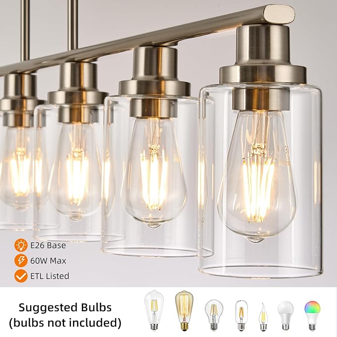 Dining Room Light Fixtures Over Table,6-Light Farmhouse Kitchen Island Lighting,44.3'' Linear Chandelier Pendant Lighting for Kitchen Island for Brushed Nickel Finish with Clear Glass Shade - Image 4